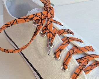 Black spider web shoelaces, orange shoestrings w/webs, shoes boots sneakers, goth glam accessory, handmade flat cotton laces for footwear