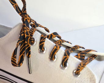 Orange spider web shoelaces, black shoestrings w/webs, shoes boots sneakers, goth glam accessory, handmade flat cotton laces for footwear