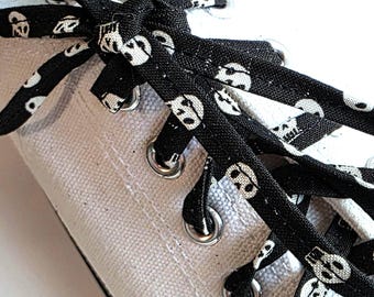 Skull shoelaces, black shoestrings w/skulls, shoes boots sneakers, goth glam skating accessory, handmade flat cotton laces for footwear