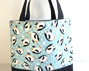 Winter penguin boat tote bag, sock knitting project bag, small travel tote bag, cool purse black handbag, small carry-on womans vacation bag
