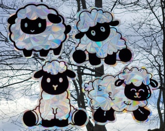 Sheep lambs suncatcher, reusable static cling window decoration, translucent prism film, easter spring lamb ewe rainbow sticker glass art