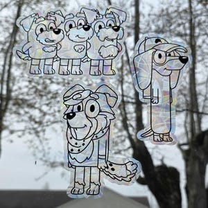 Calypso Terriers Snickers Winton suncatcher, reusable vinyl window decoration prism static cling vinyl film, bluey rainbow cling glass art