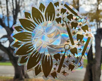 Dental sunflower suncatcher, reusable static cling window decoration, translucent prism film, hygienists tooth rainbow sticker glass art