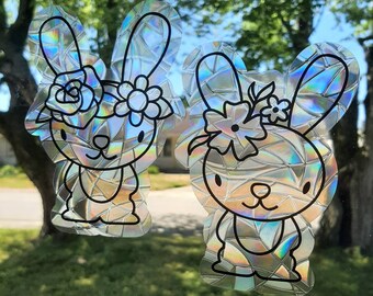 Easter spring bunny suncatcher set, reusable static cling window decoration, translucent prism film, woodland rainbow sticker glass art