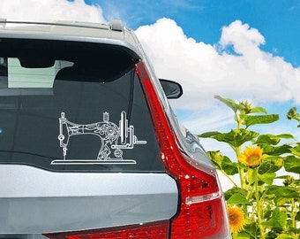 Vintage Sewing machine car decal, unique car decoration graphic, white silver gold vintage sewing machine decal, quilting gift for quilter
