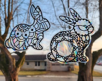 2 Easter Bunny suncatchers, reusable static cling window decoration, translucent prism film, cute rabbit bunnies rainbow sticker glass art