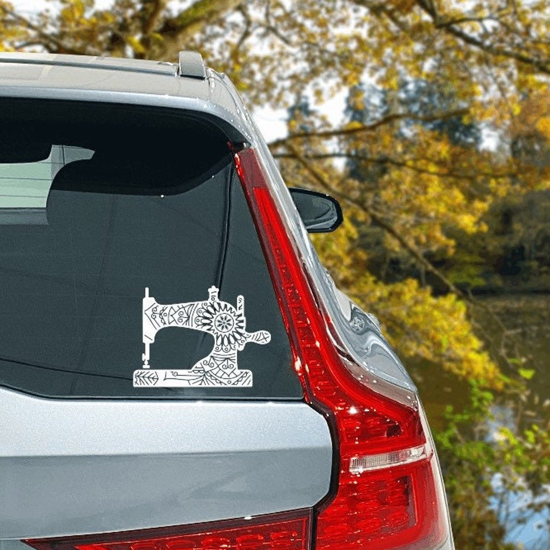 Sewing Machine Car Decal, Unique Car Decoration Graphic, White Vintage