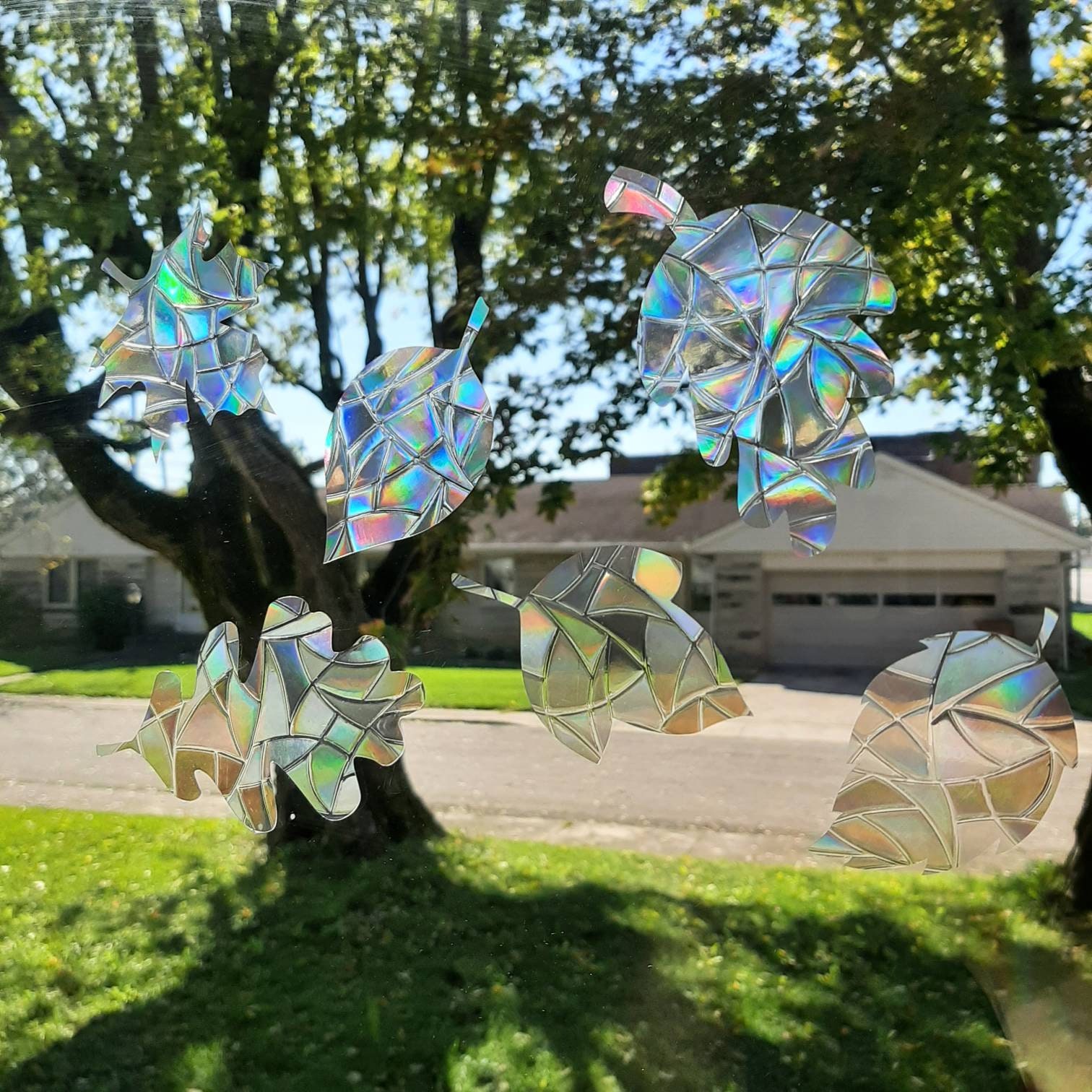 12-24 Leaf window cling set, reusable static cling decoration, clear prism translucent window film, leaf clings rainbow sticker glass art