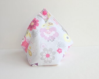 Pink Owl Bento bag yarn bowl, reusable eco-friendly zero waste dumpling pouch, yarn cake keeper, small cotton project bag, storage organizer