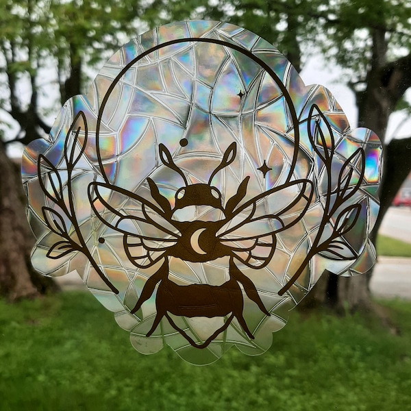 Bumble bee suncatcher, reusable static cling decoration, translucent prism film, gold bumblebee window cling rainbow sticker glass art gift