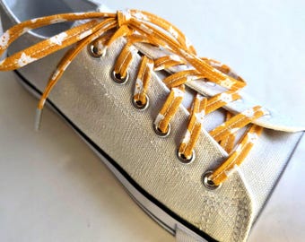 White cat on Orange shoelaces, white shoestrings w/cats, shoes boots sneakers, skating accessory, handmade flat cotton laces for footwear