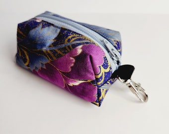 Purple floral keyfob zipper pouch, mini cosmetic travel purse, small office pencil pouch, oriental purple gold bag, key chain clutch for her