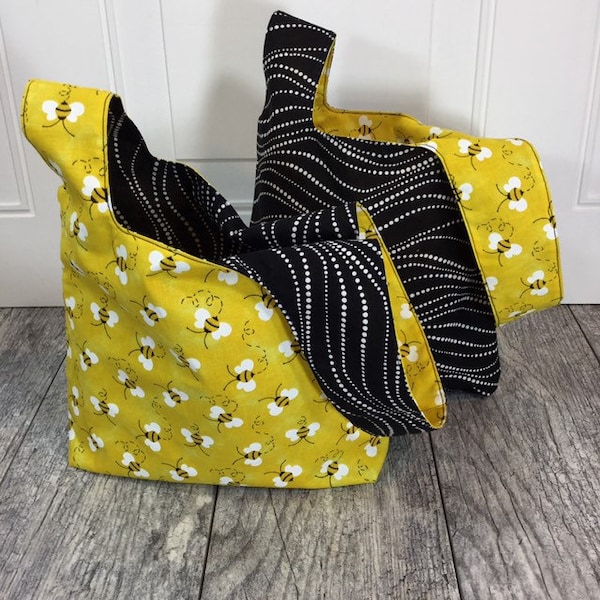 Yellow Bee Japanese Knot Bag, handmade minimalist wristlet, girl play purse, ladies handbag, womens unique summer tote, lightweight reusable