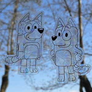 Bandit Chili Surprise suncatcher, reusable vinyl window decoration prism static cling vinyl film, bluey's kid dog rainbow cling glass art