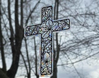 Easter Lily Cross suncatcher, reusable static cling window decor, translucent prism window film, decorative cross rainbow sticker glass art