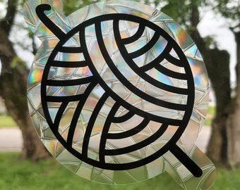 Crochet yarn ball suncatcher, reusable static cling window decoration, translucent prism film, crochet hook yarn rainbow sticker glass art