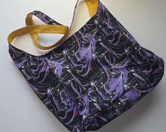 Gold villain hobo bag with pockets, reversible crossbody hippie slouchy purse, large funky sling tote bag, roomy cross body shoulder bag