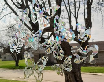 10 Butterfly window clings, reusable translucent window decoration, holographic prism, 10 clear butterfly vinyl rainbow stickers, glass art