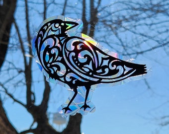 Crow Raven suncatcher, reusable static cling window decoration, translucent prism film, black crow raven rainbow sticker glass art