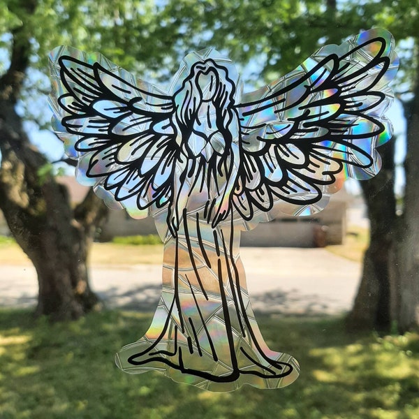 Angel suncatcher, guardian angel memorial keepsake, reusable static cling window decor, translucent prism film, rainbow sticker glass art