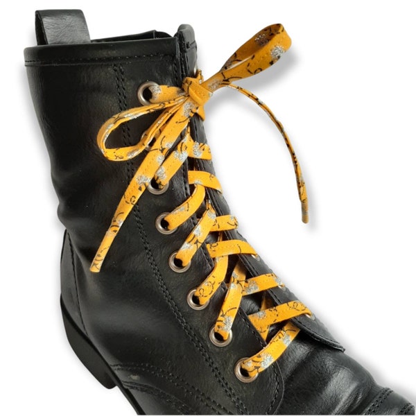 Bumble bee shoelaces, yellow shoestrings w/sparkles, walking shoes boots sneakers skating accessory, handmade flat cotton laces for footwear