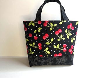 Red cherry boat tote bag, sock knitting project bag, small travel tote bag, cherry purse black handbag, small carry-on woman's vacation bag