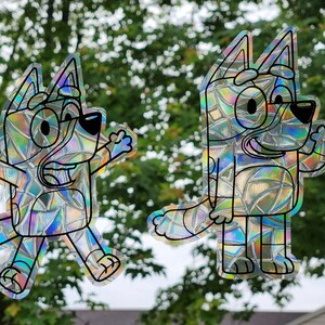 Bluey suncatcher, reusable vinyl window decoration prism static cling vinyl film, bluey heeler Australian dog rainbow cling faux glass art