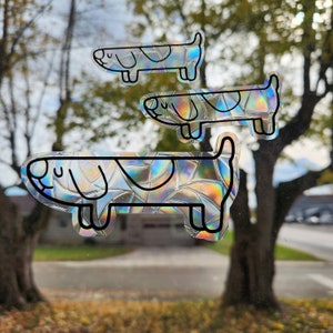 Longdog window cling, reusable vinyl window decoration prism static cling vinyl film, blue-y scavenger hunt dog rainbow cling faux glass art