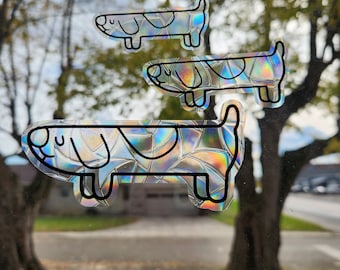 Longdog window cling, reusable vinyl window decoration prism static cling vinyl film, blue-y scavenger hunt dog rainbow cling faux glass art