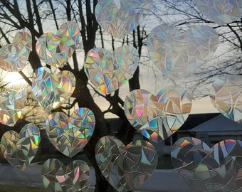 15 Heart window clings, reusable translucent window decoration, holographic prism window vinyl, 15 rainbow heart sticker faux glass art