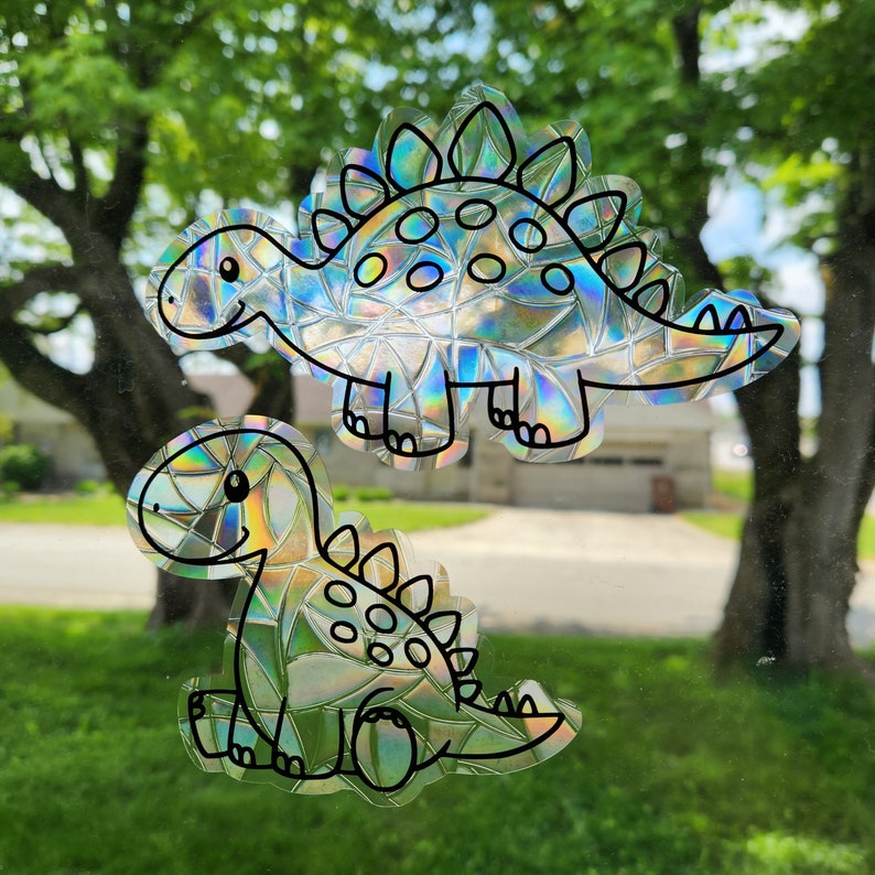 Dinosaur suncatcher set, reusable static cling window decoration, translucent prism film, 6 dinosaur friends set rainbow sticker glass art image 9