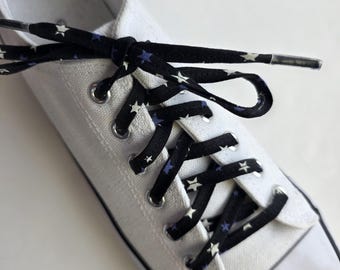 White & purple stars Glow-in-the-dark shoelaces, shoes boots sneakers, derby skating accessory, magical handmade flat cotton footwear laces