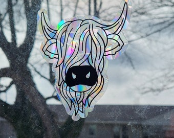 Highland cow suncatcher, reusable static cling window decoration, translucent prism film, sassy beautiful cow rainbow sticker glass art