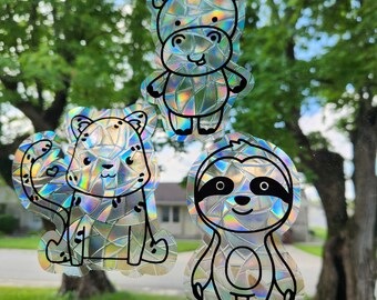 4 Safari animal suncatcher set, reusable static cling window decoration, translucent prism film, 4 safari friends rainbow sticker glass art