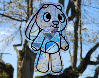 Floppy the bunny suncatcher, reusable vinyl window decoration prism static cling vinyl film, blue-y toy bunny rainbow cling faux glass art