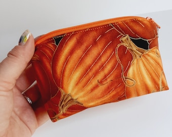 Fall pumpkin makeup bag, travel cosmetic organizer purse, small zipper feminine pouch, small gold orange organizer bag zipper clutch for her
