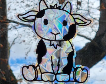 Billy goat suncatcher, reusable static cling window decoration, translucent prism film, billy goat farm friends rainbow sticker glass art