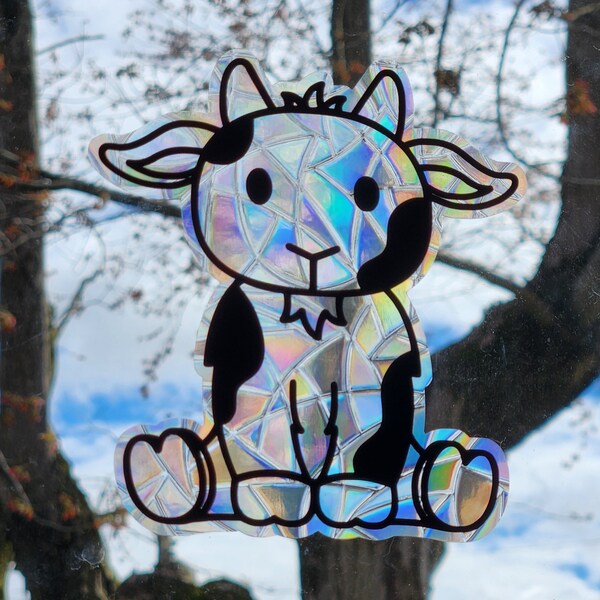 Billy goat suncatcher, reusable static cling window decoration, translucent prism film, billy goat farm friends rainbow sticker glass art