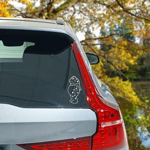 May include: A white vinyl decal of a cartoon frog with a scarf and polka dots is affixed to the rear window of a silver car. The background features a blurred view of a lake and trees with yellow and orange leaves.