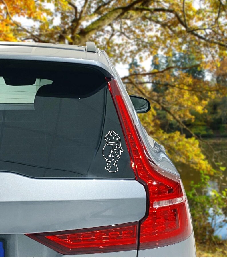 May include: A white vinyl decal of a cartoon frog with a scarf and polka dots is affixed to the rear window of a silver car. The background features a blurred view of a lake and trees with yellow and orange leaves.