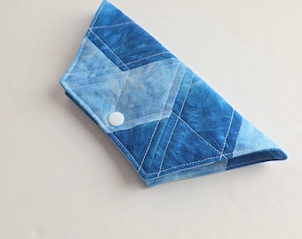 Blue quilted hexagon sunglasses case, single snap glasses pouch, blue geometric eyeglasses case, eyewear accessory, gifts for her them him