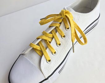Sunny yellow frosted shoelaces, shoes boots sneakers shoestring, goth glam skating accessory, yellow handmade flat cotton laces for footwear
