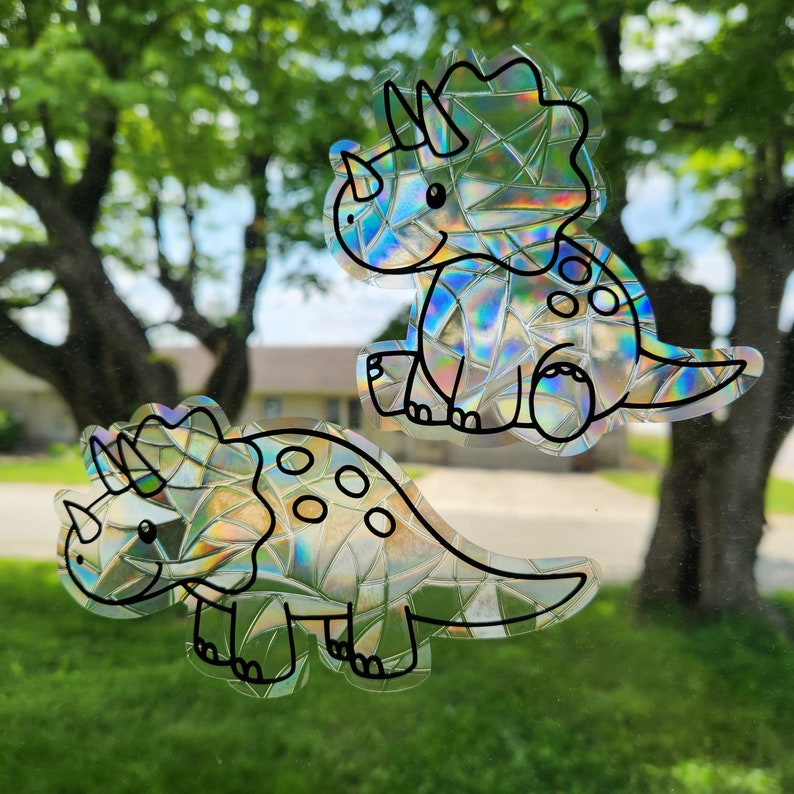 Dinosaur suncatcher set, reusable static cling window decoration, translucent prism film, 6 dinosaur friends set rainbow sticker glass art image 8