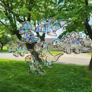 Dinosaur suncatcher set, reusable static cling window decoration, translucent prism film, 6 dinosaur friends set rainbow sticker glass art