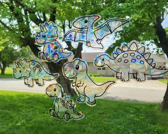 Dinosaur suncatcher set, reusable static cling window decoration, translucent prism film, 6 dinosaur friends set rainbow sticker glass art