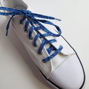 Blue shiny scroll shoelaces, little stars footwear accessory, handmade flat cotton laces for sneakers boots shoes, elegant shoestrings gift