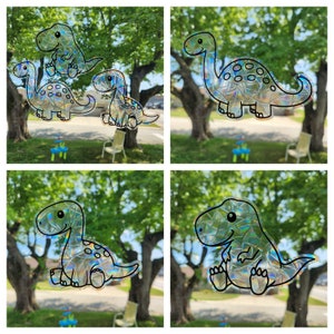 Dinosaur suncatcher set, reusable static cling window decoration, translucent prism film, 6 dinosaur friends set rainbow sticker glass art image 3