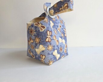 Handmade Blue Butterfly bucket bag, reusable reversible eco-friendly zero waste yarn cake keeper, small cotton project gift bag