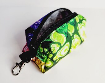 Rainbow keyfob zipper pouch, mini cosmetic travel purse, small office supply pouch, rainbow oil slick bag, purple key chain clutch for her