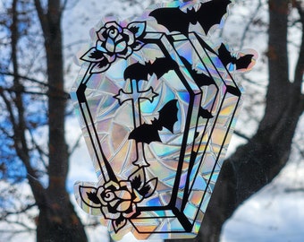 Coffin suncatcher window cling, reusable static cling window decoration, translucent prism film, coffin bats roses rainbow sticker glass art